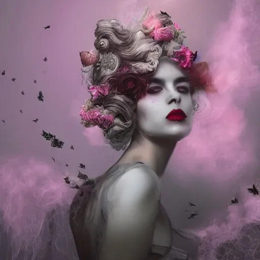 Prompt: surreal, beautiful, haunting young woman made out of smoke and clouds, ghost, red lips, apparition, in victorian aristocrat, detailed gorgeous face, flowing hair, vaporwave aesthetic, synthwave long luxurious gown made out of pearls, hair done up with flowers and ribbons, digital art, butterflies, birds, digital painting, artstation, concept art, smooth, sharp focus, illustration, art by artgerm and greg rutkowski and alphonse mucha