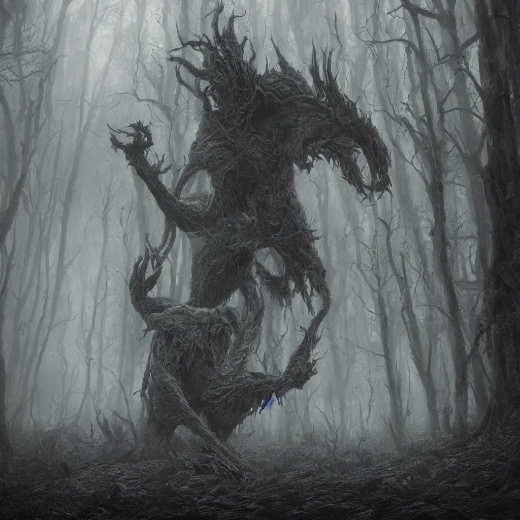 Prompt: Photorealistic giant nightmare creature in the ominous foggy woods in the style of Michael Whelan and Gustave Dore. Hyperdetailed photorealism, epic scale, misty, 108 megapixels, amazing depth, glowing rich colors, powerful imagery, psychedelic Overtones, 3D finalrender, 3d shading, cinematic lighting, artstation concept art