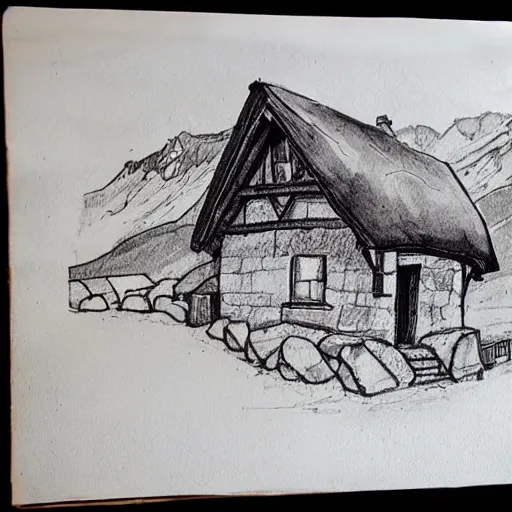 Prompt: an ink sketch of an alpine cottage