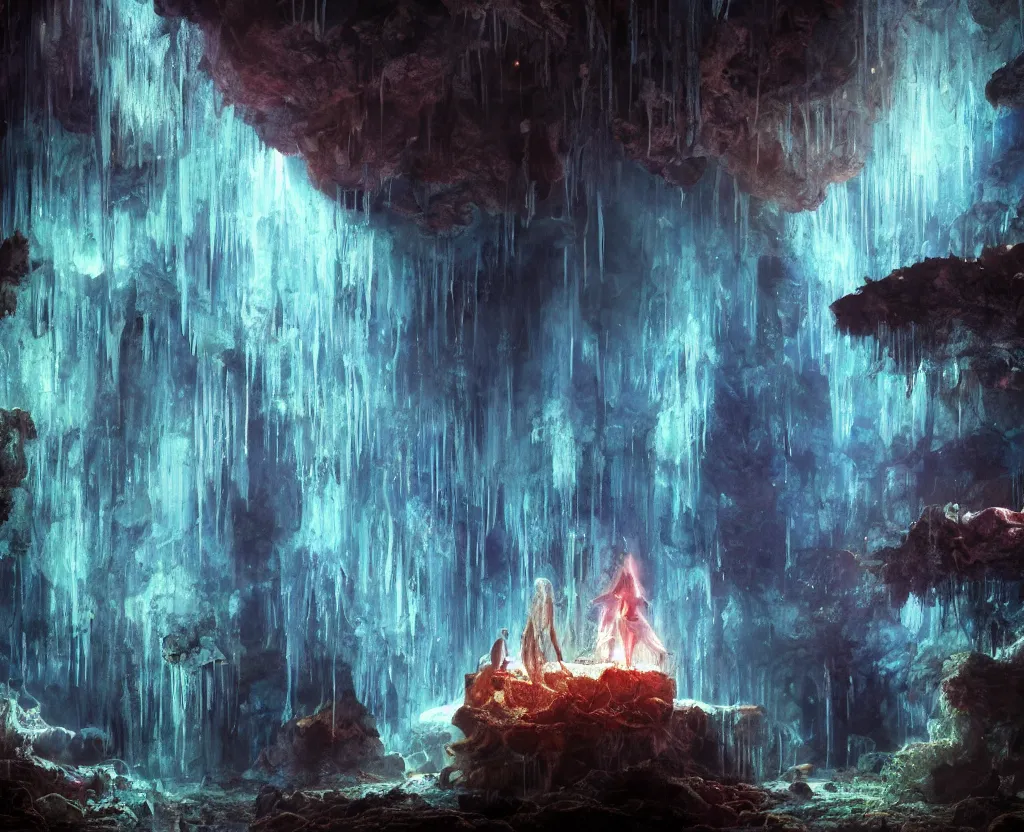 Prompt: oil painting, underground lake, stalactites, dungeon, underground scene, cave, glowing threads of drop, solitude under a waterfall, space flower fairy, space, stars, star rain, rich deep colors masterpiece, ultra detailed, beautiful fantasy, contrast, volumetric light, atmospheric lighting, cinematic, steampunk, moody, octane render 4 k, 8 k