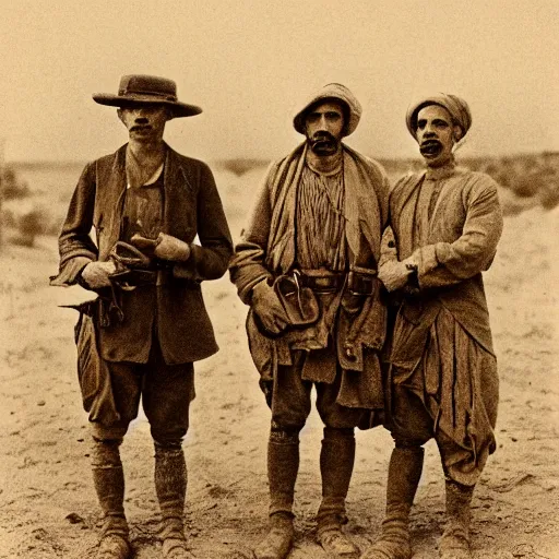 Image similar to ultra detailed photorealistic sepia - toned photo from 1 9 1 7, three clean - shaven british soldiers standing with two bedouin traders in traditional arab garb, at an archaeological dig site, ultra realistic, painted, intricate details, lovecraft, atmospheric, dark, horror, brooding, highly detailed, by clyde caldwell