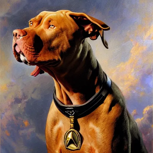 Image similar to a portrait of a pitbull dogman canine star trek officer. highly detailed painting by gaston bussiere, craig mullins, j. c. leyendecker, furry