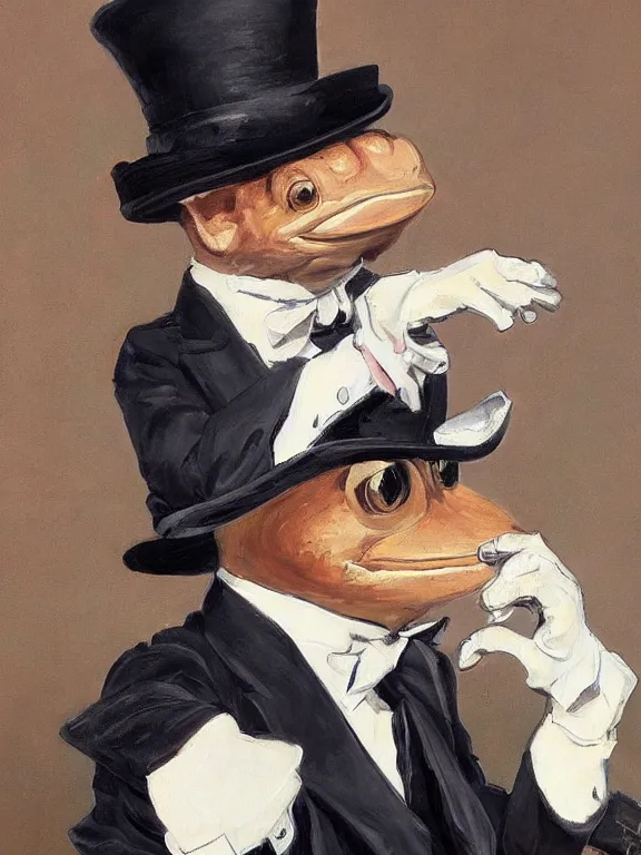 Image similar to pepe the frog at the royal ascot, wearing morning suit and top hat, excited watching the horse races, expressive painting by Joseph Christian Leyendecker