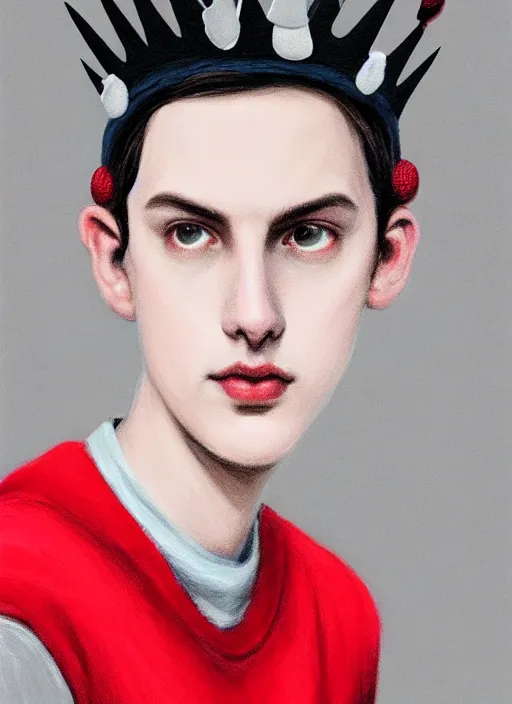 Image similar to portrait of teenage jughead jones wearing a light grey crown, photorealistic, crown made of fabric, grey crown with red and white pin badge, crown with pins, black hair, intricate, elegant, highly detailed, digital painting, glowing lights, artstation, concept art, smooth, sharp focus, illustration, art by wlop, mars ravelo and greg rutkowski