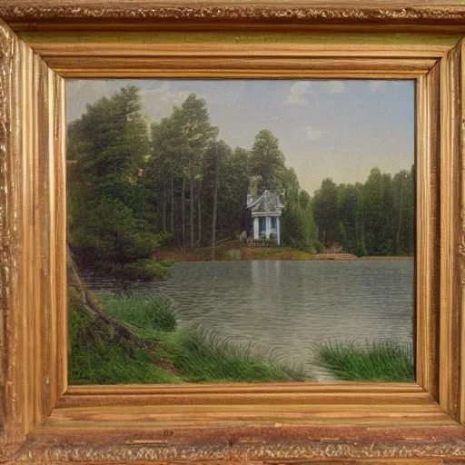 Image similar to Victorian mansion in the woods of Maine, a lake beside it, felix Kelly