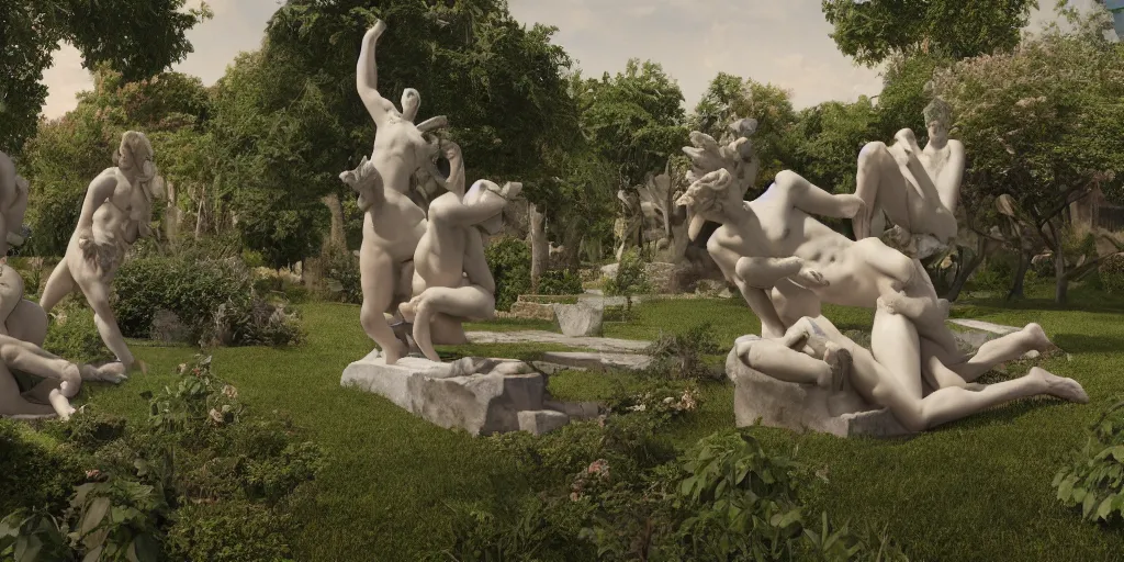 Image similar to Garden Utopia, surrealism, outside, high detailed beautiful Greek marble statues, mind puzzles, intricate artwork by caravaggio. Trending on artstation, octane render, cinematic lighting from the right, hyper realism, octane render, 8k, depth of field, 3D