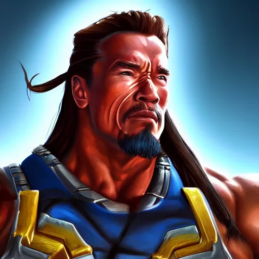 Image similar to a screenshot of arnold schwarzenegger as hanzo in overwatch, portrait, fantasy, beautiful face, vivid colors, elegant, concept art, sharp focus, digital art, hyper - realistic, 4 k, unreal engine, highly detailed, hd, dramatic lighting by brom, trending on artstation