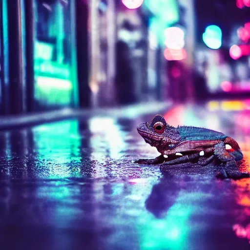 Image similar to a high quality low wide angle photo of a chameleon on the streets of a cyberpunk city, rainy, reflective ground, neon lights, realism, 8k