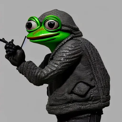 Image similar to perfectly accurate miniature figure of pepe the frog wearing jeans and a black leather jacket, soft textures, skin texture, clothing, 3d sculpture, textured, fine detail, lifelike, photo, high resolution, octane render, post processing, after effects, trending on artstation