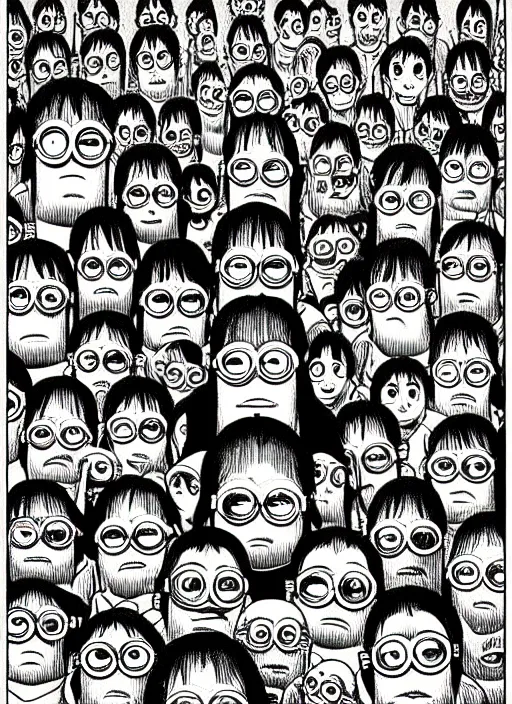 Prompt: portrait of minions, intricate, highly detailed, illustration, art by junji ito, junji ito