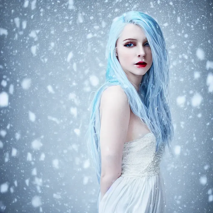 Prompt: full body portrait of a stunningly beautiful woman with pale blue hair wearing a long white dress made out of snowflake in the middle of a heavy snowstorm. she looks almost dead because of how pale she is. by maromi sagi