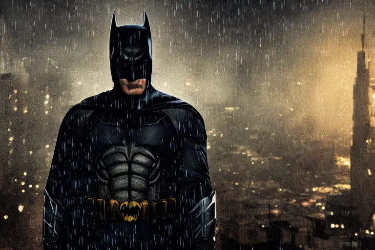 Image similar to a cinematic painting of bill crosby as batman near a dystopian cityscape on a rainy day, beautiful lighting, high depth, ultra realistic, artistic, by annie leibovitz