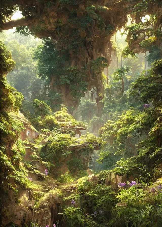 Prompt: overgrown ruins, extremely detailed oil painting, rhads, sargent and leyendecker, savrasov levitan polenov, bruce pennington, studio ghibli, tim hildebrandt, digital art, landscape painting, trending on artstation, masterpiece