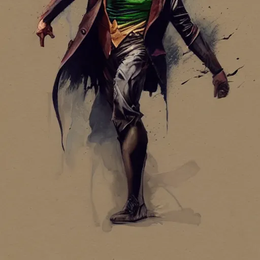 Image similar to jason momoa as joker, full body, dynamic pose, painted by greg rutkowski