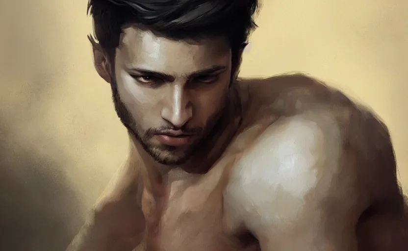 Image similar to a painting of arkul trending on artstation in the style of greg rutkowski, beautiful, male, sensual, natural skin, muscular, stubble