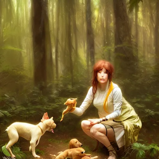 Image similar to photo of a humanoid hiena feeds puppies in the forest, highly detailed, digital painting, artstation, smooth, sharp focus, illustration, art by artgerm and greg rutkowski and alphonse mucha