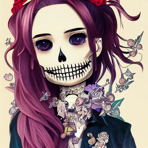 Image similar to anime manga skull portrait young woman, pixar, jesse toy story, skeleton, intricate, elegant, highly detailed, digital art, ffffound, art by JC Leyendecker and sachin teng