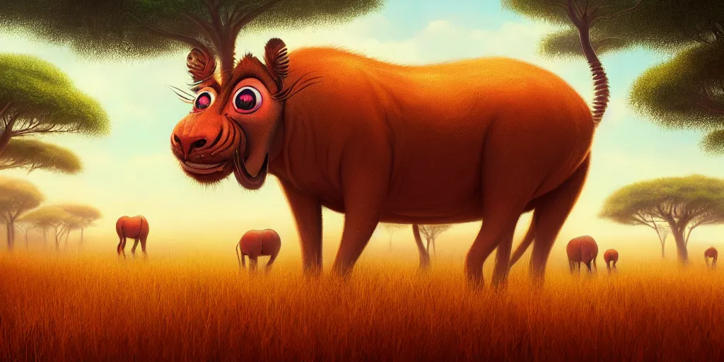 Prompt: of an intricate hazy savanna with strange big cute creatures with long tongues, big eyes and huge noses appearing from the ground, in the style of margaret keane macro lens, shallow depth of field, highly detailed, digital painting, trending artstation, concept art, illustration, cinematic lighting, vibrant colors, photorealism, epic, octane render