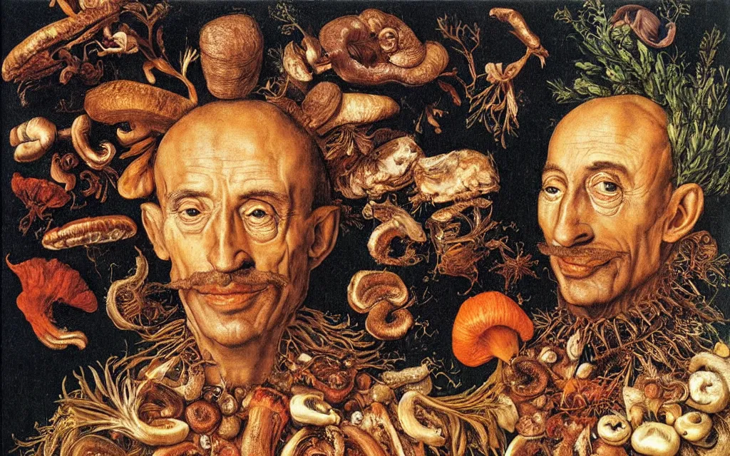 Image similar to giuseppe arcimboldo's portrait of captain jacques - yves cousteau made out of mushrooms fishes