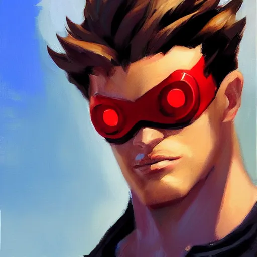 Image similar to greg manchess portrait painting of scott summers aka cyclops as overwatch character, medium shot, asymmetrical, profile picture, organic painting, sunny day, matte painting, bold shapes, hard edges, street art, trending on artstation, by huang guangjian and gil elvgren and sachin teng