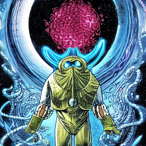 Prompt: Azathoth looking inward towards the Multiverse inside itself. DC Comics. Grant Morrison.