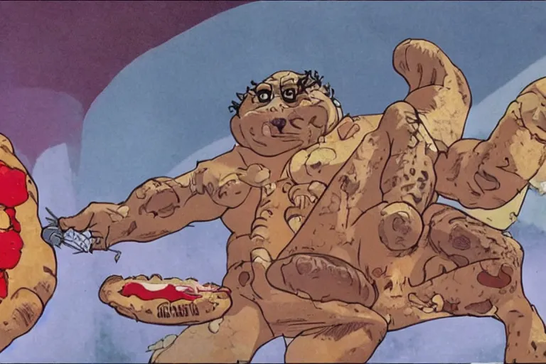 Image similar to a film still of pizza the hut in the akira, high quality