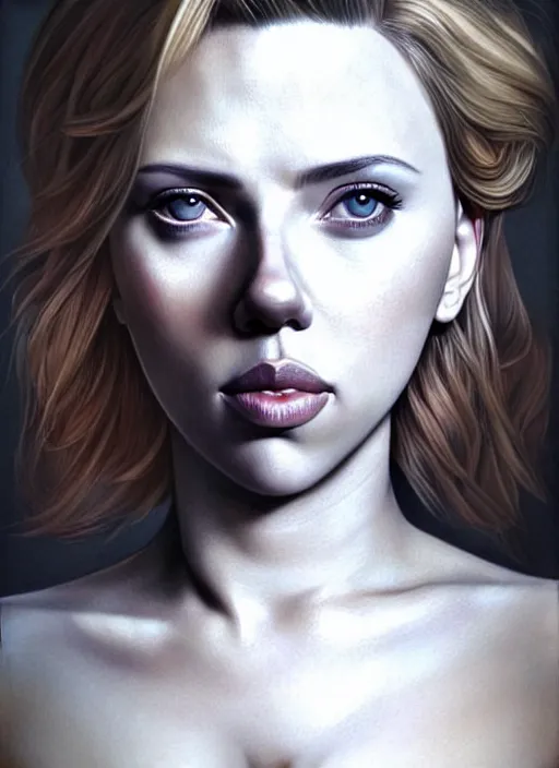 Image similar to full body gorgeous Scarlett Johansson, realistic character concept, full body pose, tattoos, autumn, makeup, shorter neck, illustration, symmetrical eyes and body, cinematic lighting, detailed realistic symmetrical eyes, artgerm, Joshua Middleton, single face, insanely detailed and intricate, beautiful