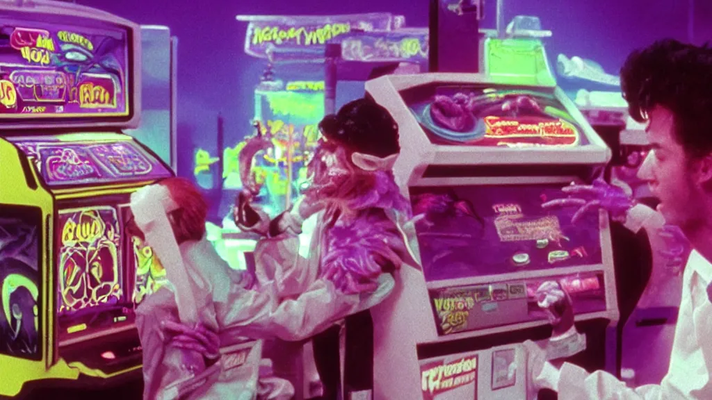 Image similar to Hyperreal Gremlins disguised as neon 90s casino arcade machines dispense experimental ultraviolet ice cream vaccine derived from holographic infrared predator, xenomorph and furby goosebumps goo in downtown silicon valley, film still from banned media Gremlins 3 New World Order, directed by REDACTED circa 1992 | text reads \'Gremlins 3 New World Order\' | Gremlins