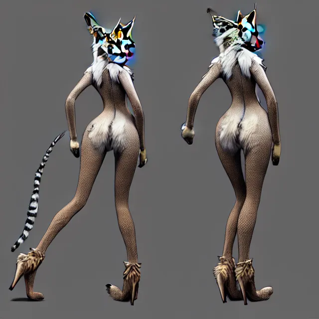 Image similar to the full body of anthropomorphic lynx fursona from behind wearing a steampunk suit as unimaginably beautiful, gorgeous, elegant, young woman with lynx head, an ultrafine hyperdetailed illustration by furaffinity, intricate linework, white fur, unreal engine 5 highly rendered, global illumination, radiant light, detailed and intricate environment