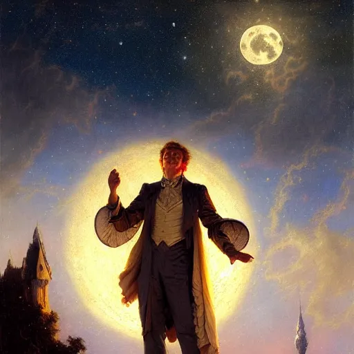 Image similar to attractive male wizard magically floating high in the night sky, fantasy, full moon in background. highly detailed painting by gaston bussiere, craig mullins, j. c. leyendecker, mid shot, 8 k