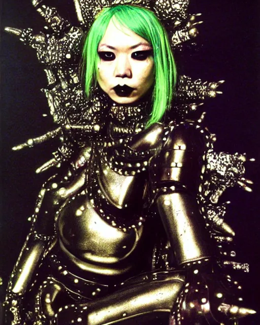 Image similar to portrait of a skinny punk goth yayoi kusama wearing armor by simon bisley, john blance, frank frazetta, fantasy, thief warrior, sparkles glitter