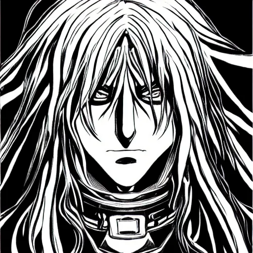 Image similar to Alucard from Hellsing in the art style of Kentaro Miura, portrait, high detail, symmetrical, trending