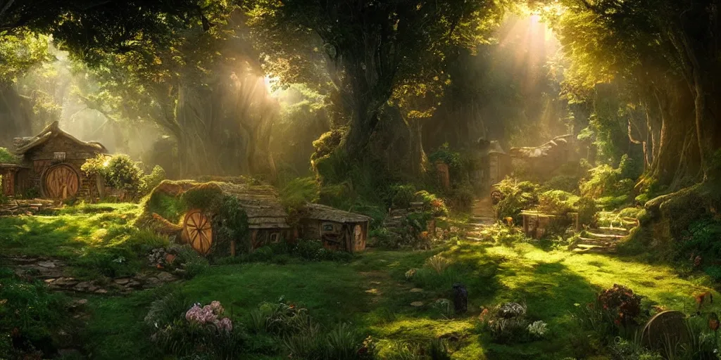 Prompt: ambience, atmosphere, sunbeams, lush and beautiful concept art for the shire and hobbit houses, lord of the rings, peter jackson, studio ghibli, detailed, realistic lighting, volumetric lighting, golden hour,