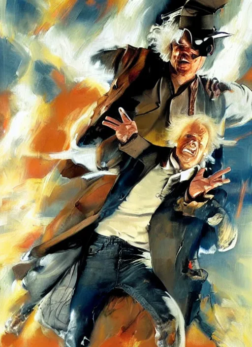 Prompt: doc brown and marty mcfly, painting by phil hale, fransico goya,'action lines '!!!, graphic style, visible brushstrokes, motion blur, blurry, visible paint texture, crisp hd image