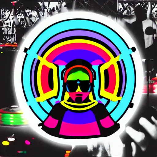 Image similar to svg sticker of a Dancing-Alex-Grey-Psychedelic-Rave-Man, at a rave, spinning records, giant headphones rocking out, wearing headphones, huge speakers, dancing, rave, DJ, spinning records, digital art, amazing composition, rule-of-thirds, award-winning, trending on artstation, featured on deviantart