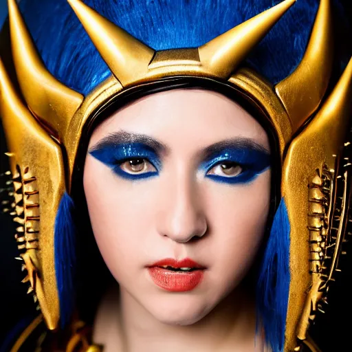 Image similar to close up headshot of a woman in elaborate blue and gold armor with spiked horns on her helmet, cosplay, photoshoot, photograph by Zhang Jingna