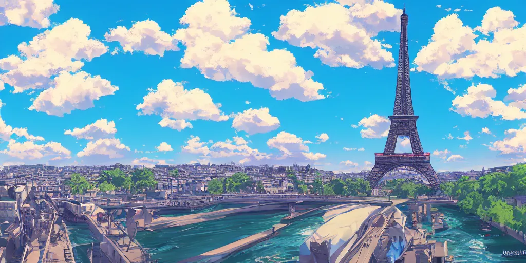 Image similar to a view on eiffel tower from seine with amazing clouds and blue sky, in the style of makoto shinkai anime and studio ghibli anime, colorful, romantic, 4 k resolution, artstation, pixiv, anime background,