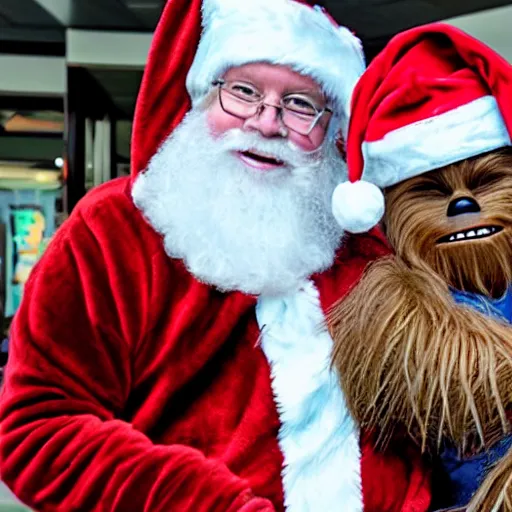 Prompt: chewbacca as the santa - claus - at - the - mall taking kids christmas wishes