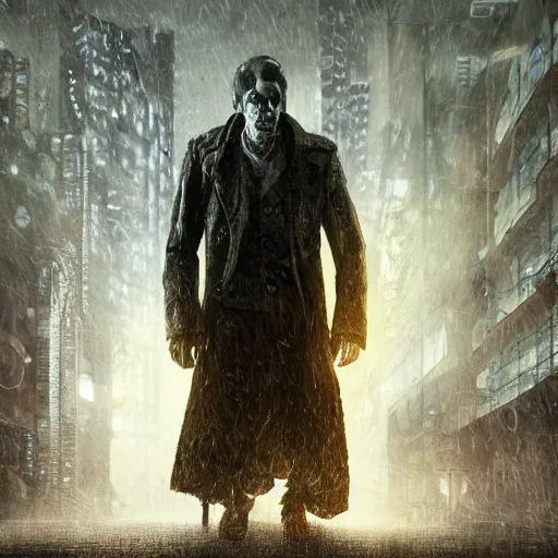 Image similar to frankenstein's monster wearing a trench coat on a wet nighttime street, cyberpunk style, trending on art station, trending on deviantart, 8 k resolution, epic digital art