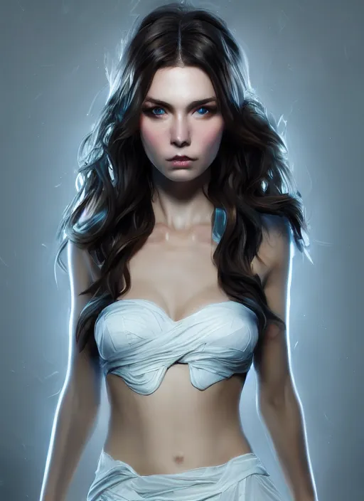 Image similar to beautiful fashion goddness, strapless dress, character portrait in the style of thomas river and artgerm, wlop, cinematic lighting, hyperdetailed, 8 k realistic, symmetrical, global illumination, radiant light, halo, love and mercy, frostbite 3 engine, cryengine, dof, trending on artstation, digital art, chanel