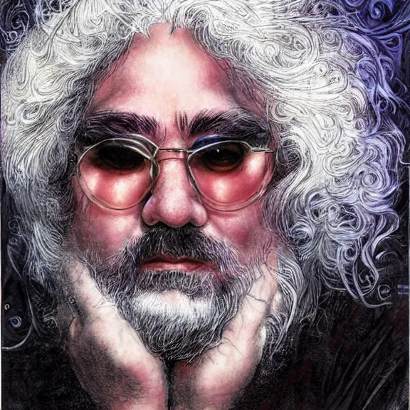 Prompt: a highly detailed portrait of jerry garcia in the style of luis royo.