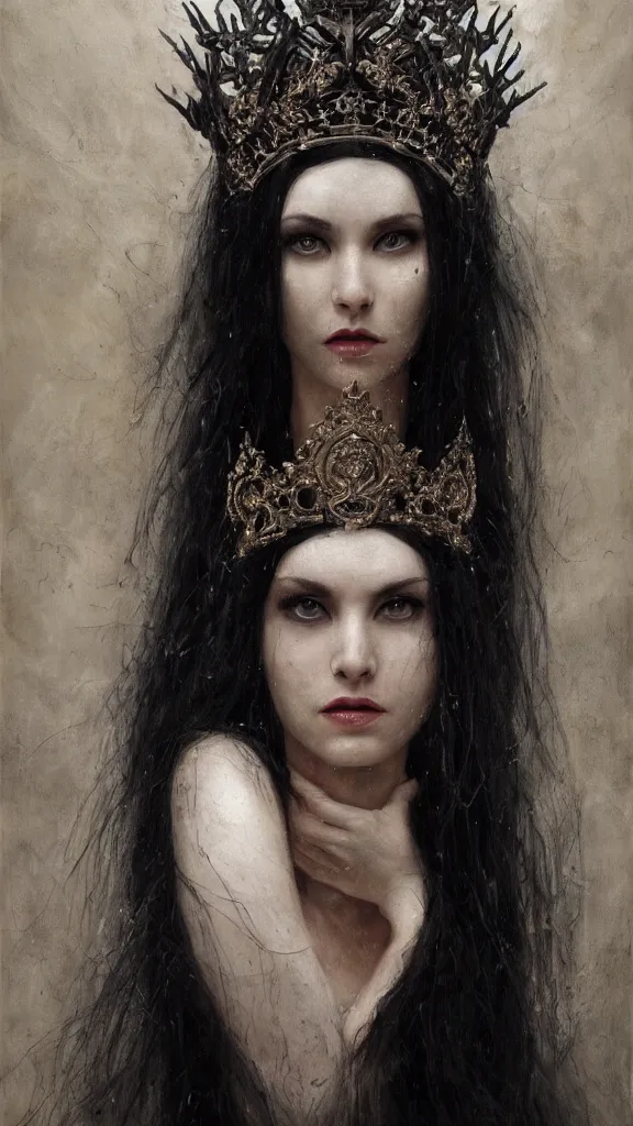 Prompt: a beautiful black haired woman with pale skin and a crown on her head sitted on an intricate metal throne, intimidating woman, large black eyes, high forehead, smooth pale skin, ethereal skin, ominous, eldritch. oil painting by nuri iyem, james gurney, james jean, greg rutkowski, highly detailed, soft lighting, chiaroscuro