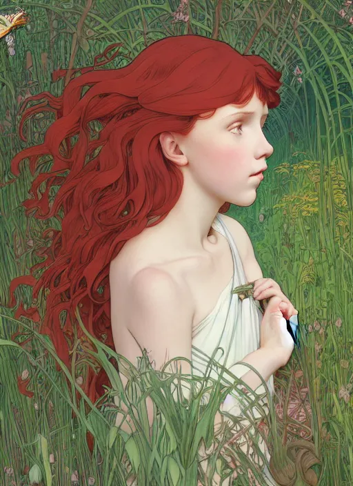 Image similar to pretty young woman resembling millie bobby brown with long red hair asleep in the forest, path traced, highly detailed, high quality, digital painting, by studio ghibli and alphonse mucha, leesha hannigan, hidari, art nouveau, chiho aoshima, jules bastien - lepage