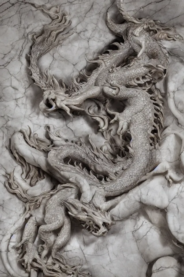 Image similar to photograph of a sculpture on the marble of a hyper detailed dragon on clay made from bernini