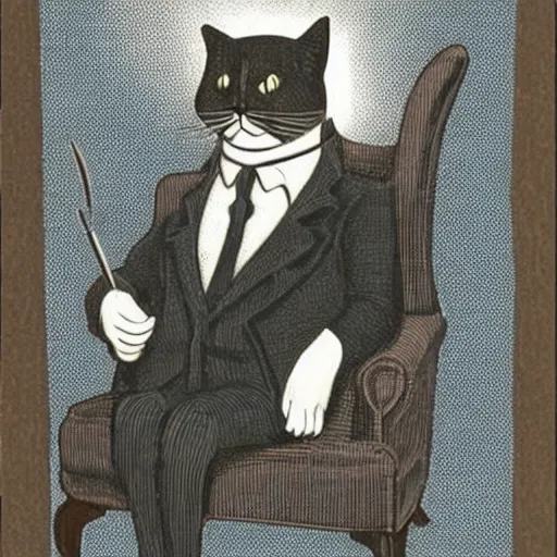 Prompt: a distinguished cat in smoking on armchair with a monocle in a room full of books