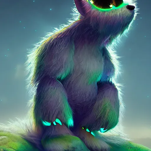Image similar to bioluminescent cute furry monster on a dreamy biome, sparkles, magical, elves, fantasy, hyper realism, intricate, digital art, detailed, studio shot, unreal engine 5, octane, high definition, smooth, artstation, behance