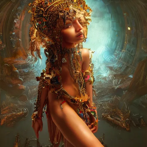 Image similar to full body pose, hyperrealistic mixed media painting of beautiful goddess, dim volumetric lighting, 8 k, octane beautifully detailed render, extremely hyper detailed, intricate, epic composition, cinematic lighting, masterpiece, trending on artstation, very very detailed, masterpiece, stunning, hdr, smooth, sharp focus, high resolution, award, winning photo, dslr, 5 0 mm