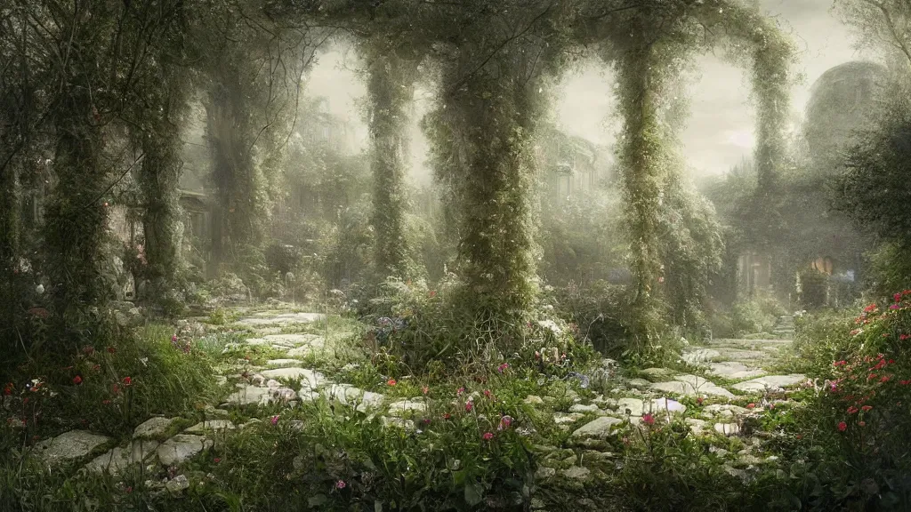 Image similar to the secret garden is overgrown with weeds and growth. no snow. andreas achenbach, artgerm, mikko lagerstedt, zack snyder, tokujin yoshioka