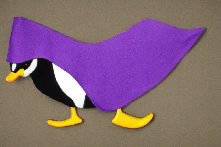 Prompt: duck wearing purple hat and cape and zoro mask by Roger Deakins