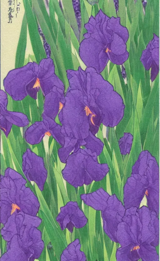 Prompt: by akio watanabe, manga art, soft purple iris flowers and lake, trading card front